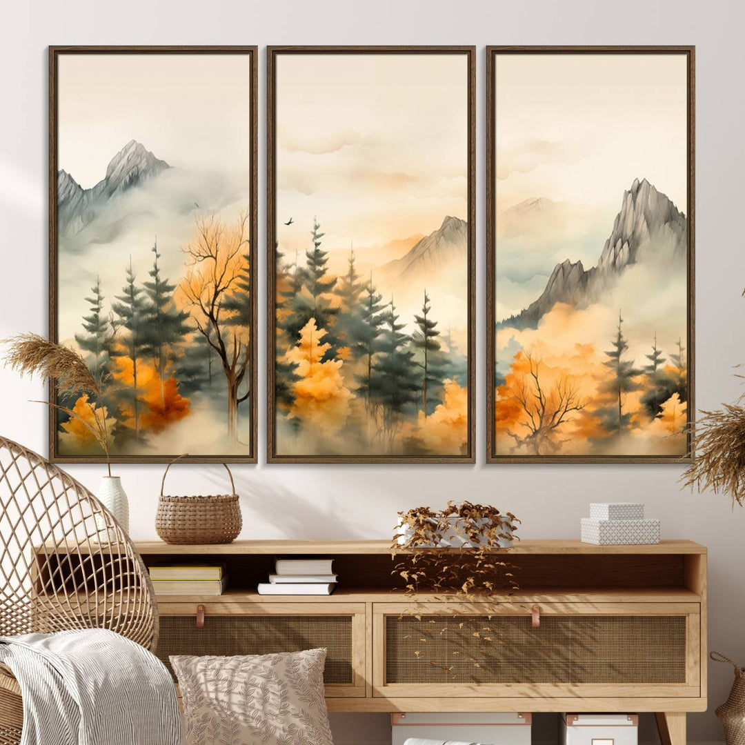 A wall art of Abstract Watercolor Mountains and Trees Autumn on museum-quality canvas.