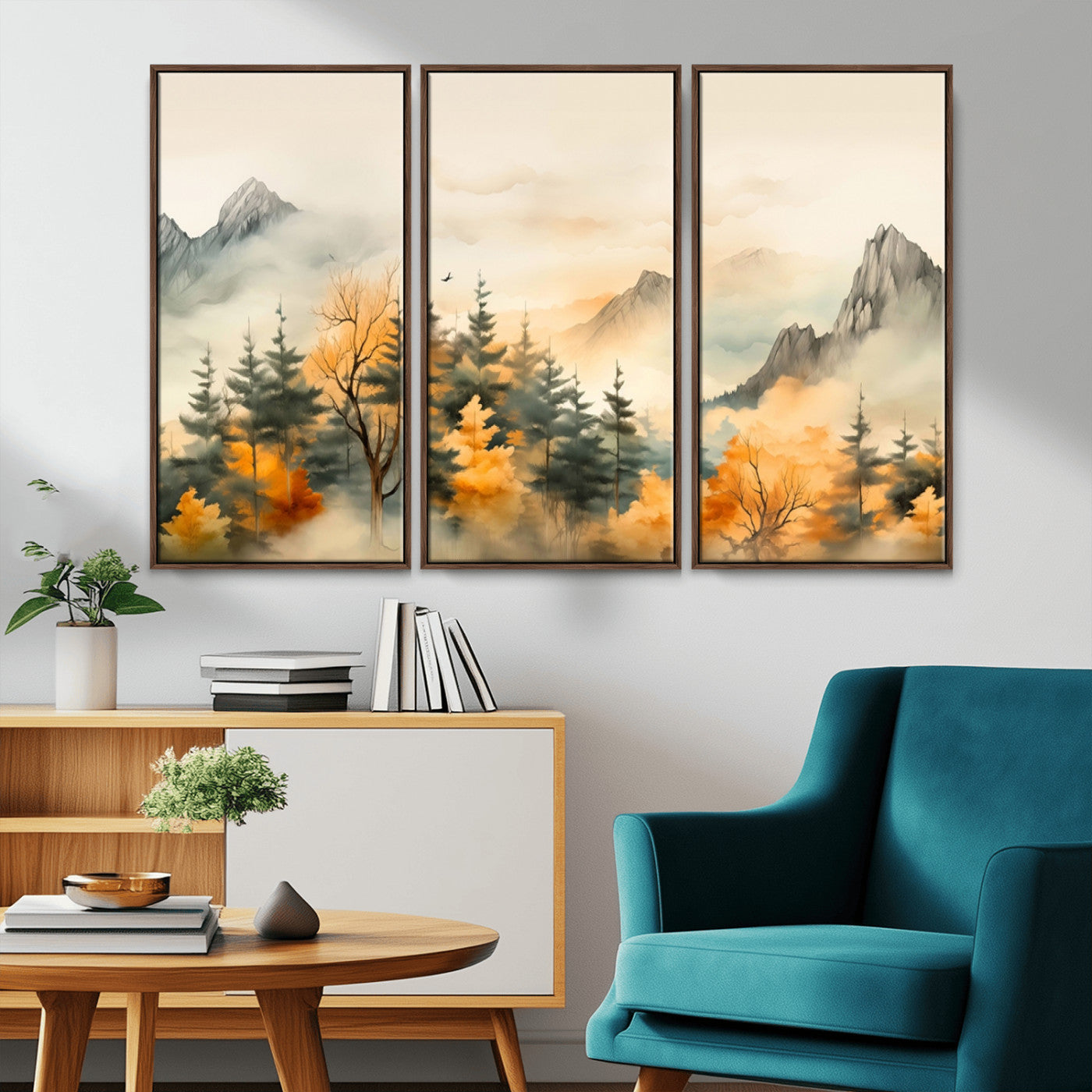 MGV-FC-48X32-3P - Abstract Watercolor Mountains and Trees Autumn Art, Watercolor Mountains and Trees Canvas Print