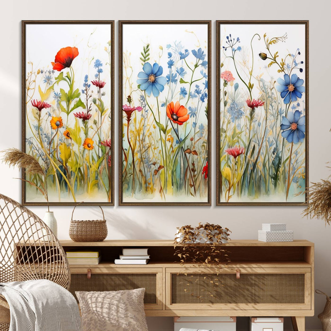 The vibrant Colorful Wildflower Canvas Wall Art adorns the wall.