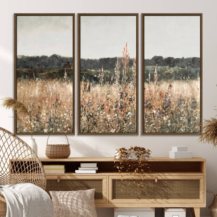 A dining room featuring the Abstract Wildflower Art Field Landscape Oil Painting Print.