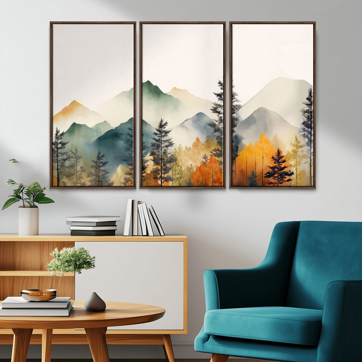 MGV-FC-48X32-3P - Abstract Watercolor Mountains and Trees Autumn Wall Art, Mountains and Trees Autumn Wall Art Canvas