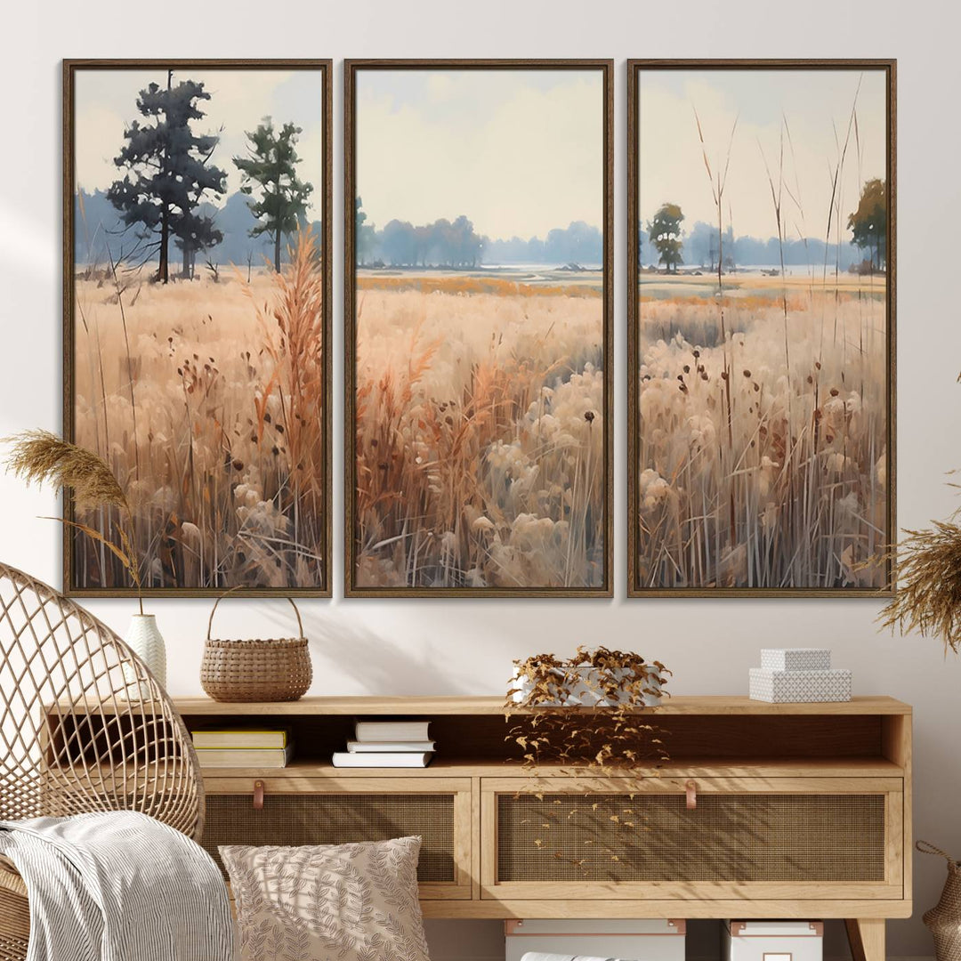 The Golden Fields Canvas Art Print, depicting a serene landscape, adds tranquility with its presence.