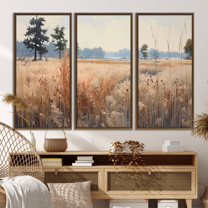 The Golden Fields Canvas Art Print, depicting a serene landscape, adds tranquility with its presence.