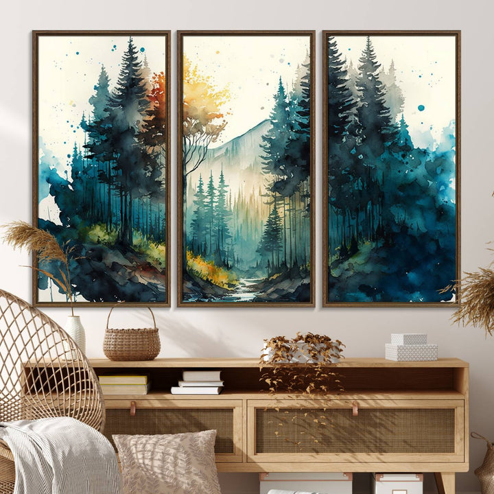 The Watercolor Trees Forest Abstract canvas print is displayed prominently.