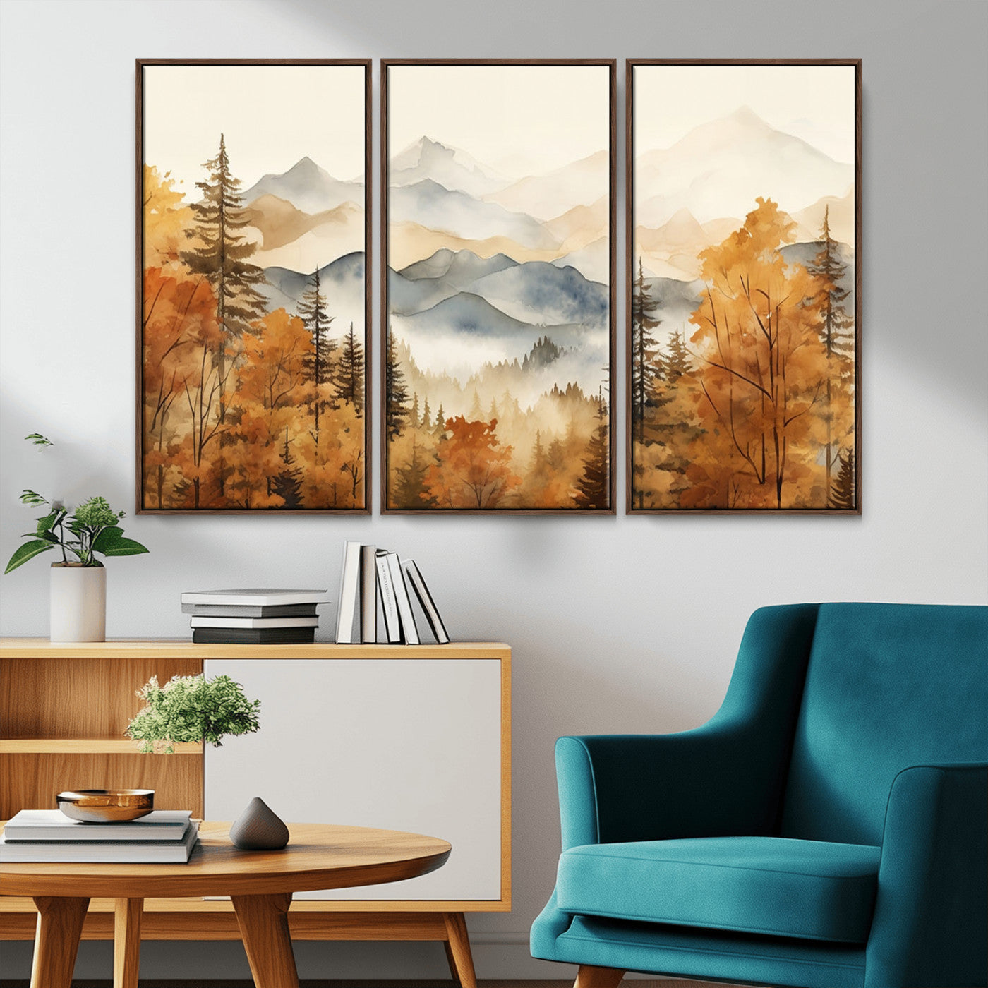 MGV-FC-48X32-3P - Golden Autumn Forest Wall Art | Mountain Landscape Canvas Print for Living Room or Bedroom | Large Wall Decor with Nature-Inspired Design