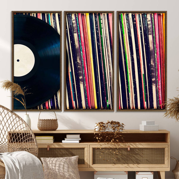 The Vinyl Record and Album Collection Canvas above the dining table enhances the modern kitchen, creating a perfect aesthetic for vintage vinyl lovers.