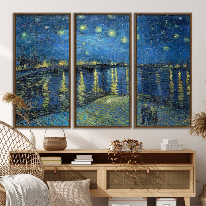 A Vincent van Gogh Starry Night over the Rhone canvas print is displayed on a porch.