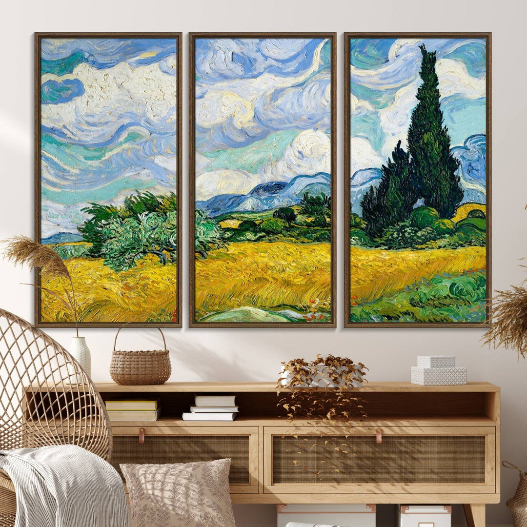 A kitchen featuring Wheatfield With Cypresses Van Gogh canvas wall art.