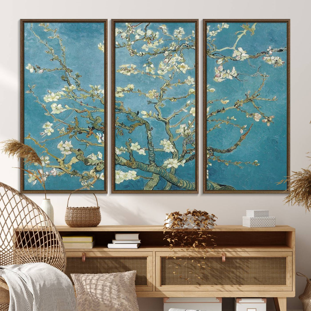 The wall art, Vincent Van Goghs Almond Blossom, stands out with its vibrant depiction against a serene blue background.