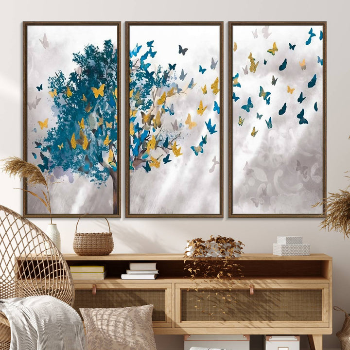 The modern dining room features Tree Butterfly Abstract Wall Art, adding a touch of nature-inspired decor.