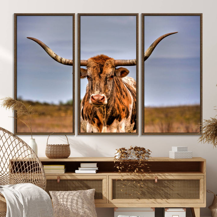 The Texas Longhorn Wall Art Print is displayed in a stylish living room.