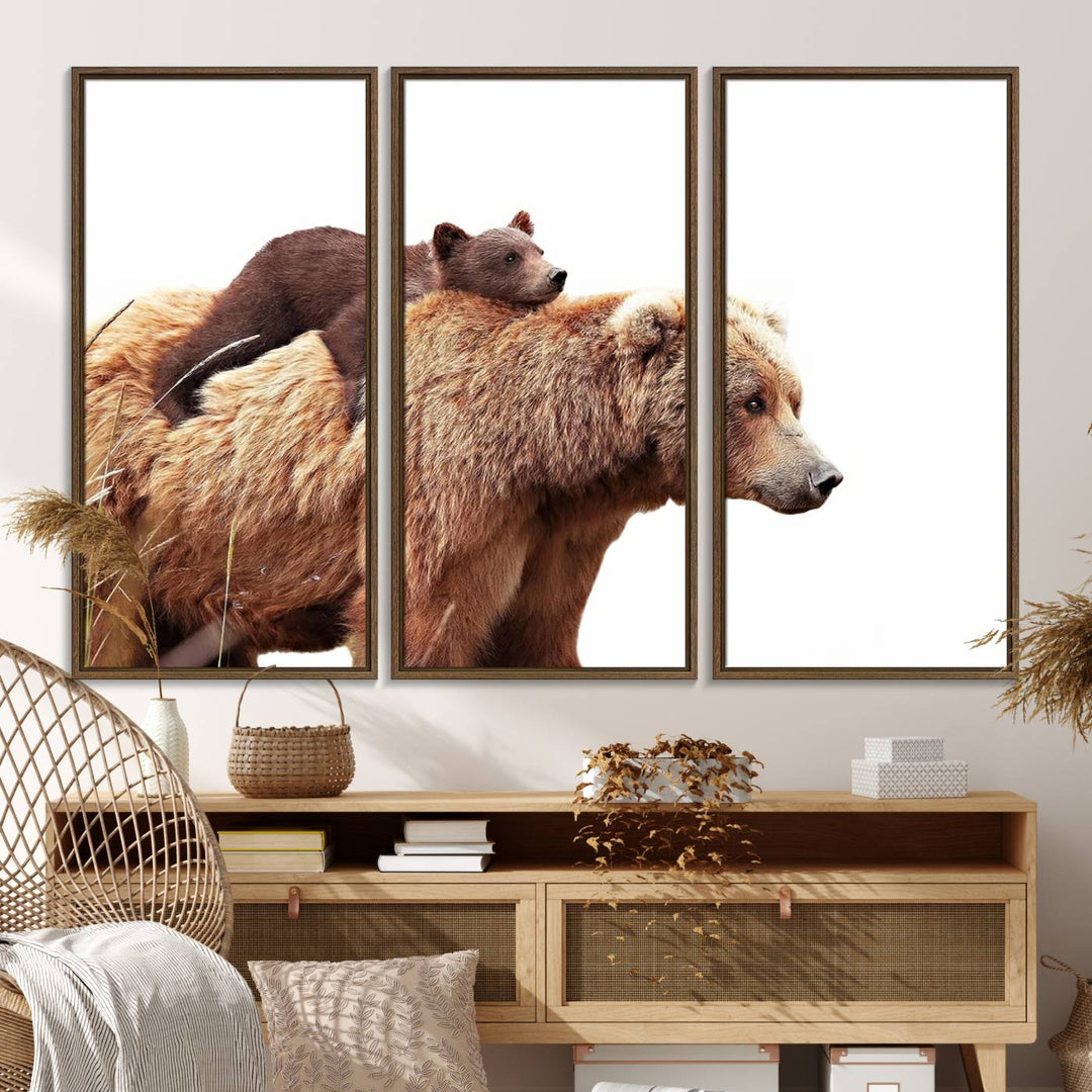 Mother and Baby Bear canvas: an adorable wildlife print displayed on a dark green wall.