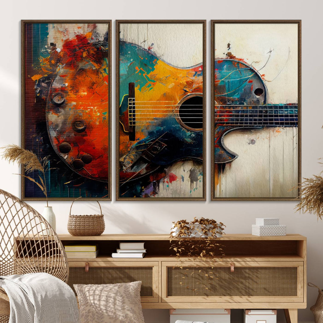 A vibrant guitar wall art canvas is mounted on the wall.