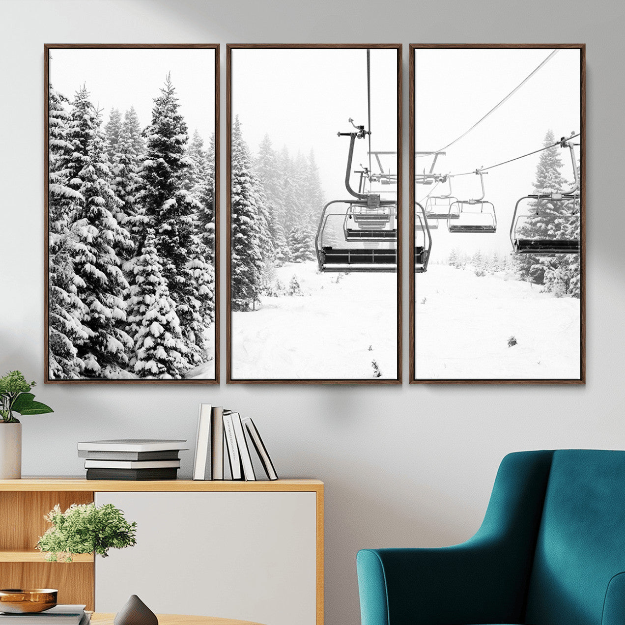 70609-MGV-CV-36X24 - Winter Forest Wall Art Canvas Print, Framed Snowy Forest Art Picture Print, Winter Ski Lift Perfect