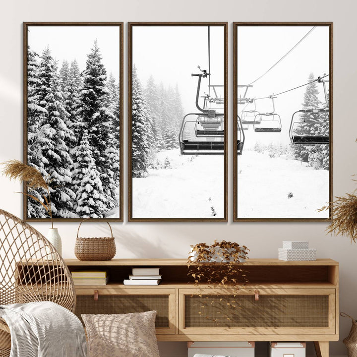 The Ski Wall Art, featuring the "Ski Lift Wall Art Canvas Print," presents a snowy scene with snow-covered spruce trees and is elegantly showcased on a dark green wall.