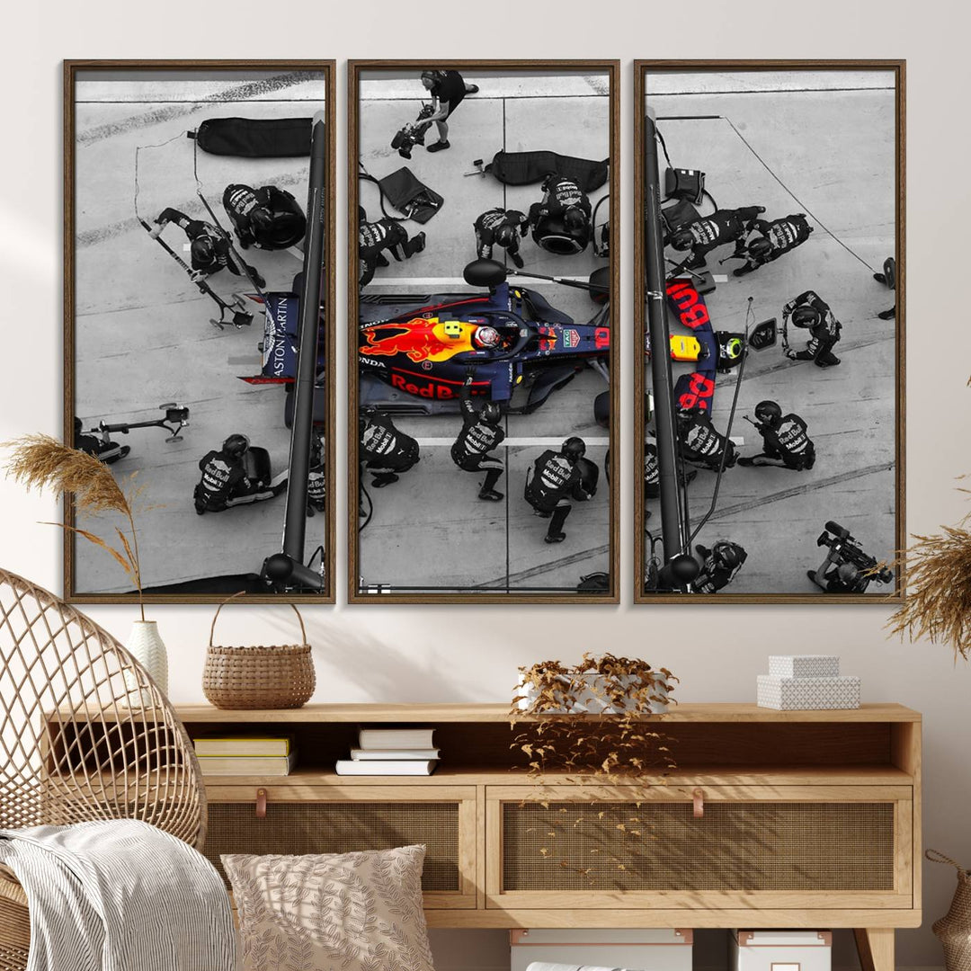 Red Bull Formula 1 Canvas Wall Art Print: An aerial view of a Formula 1 pit stop featuring a Red Bull car on premium canvas.