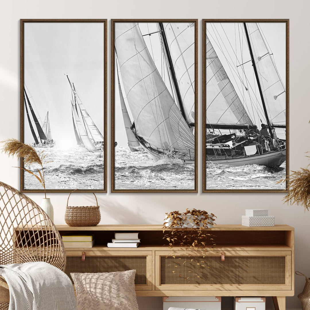 Yacht Sailboat Regatta canvas print on a textured wooden wall.