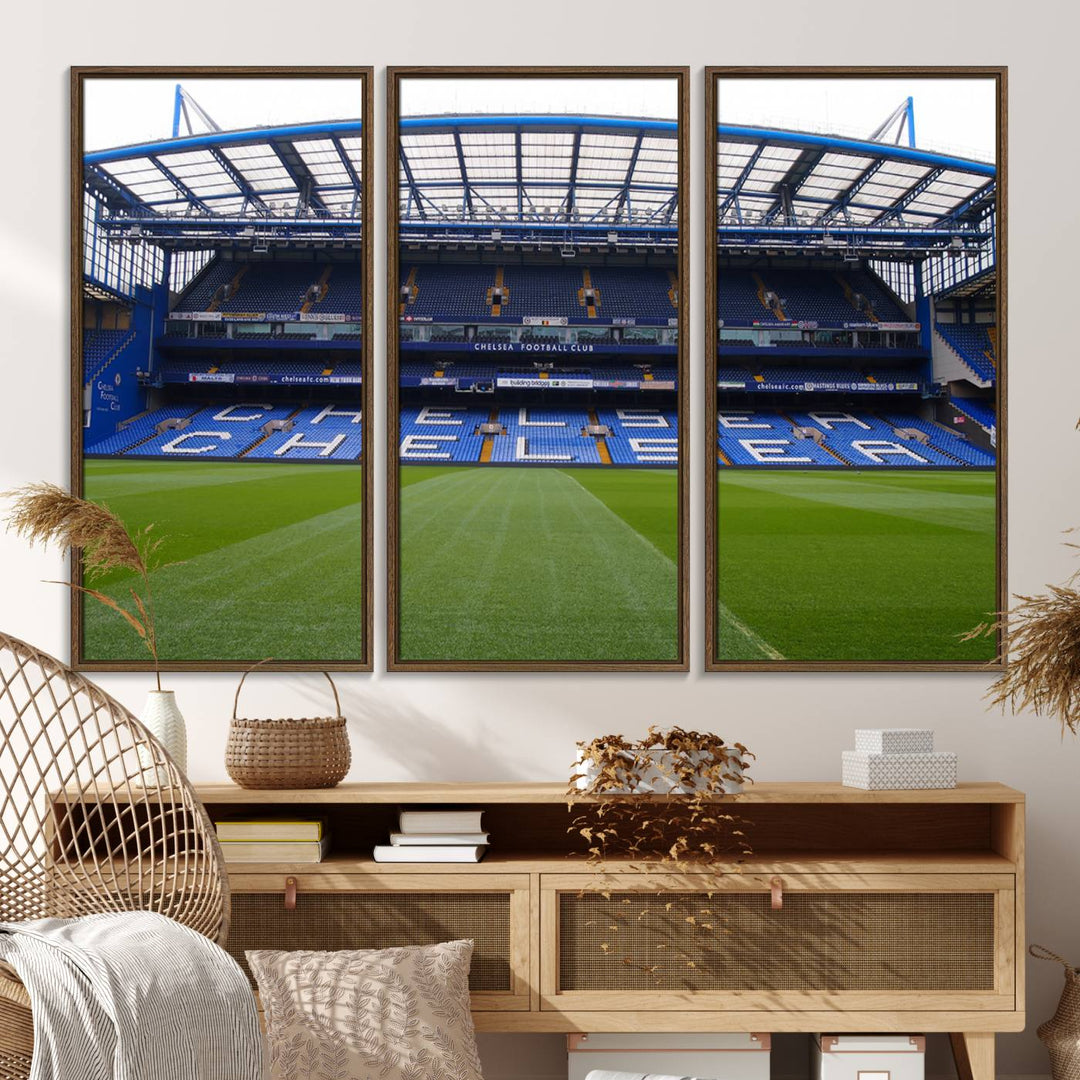 The wall art features a Chelsea FC Stamford Bridge Stadium canvas print.