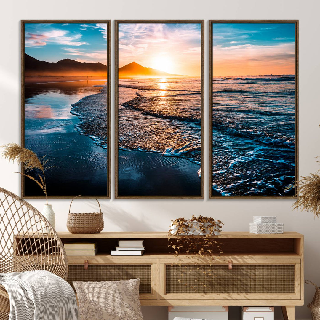 The Sunset Beach Ocean Canvas Wall Art – Tranquil Reflections at Dusk enhances the ambiance with its captivating depiction of serene ocean views at dusk.