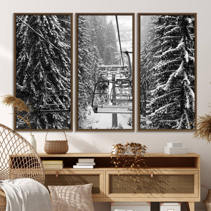 The Winter Ski Lift Canvas in minimalist style adds a unique touch to the dining room.