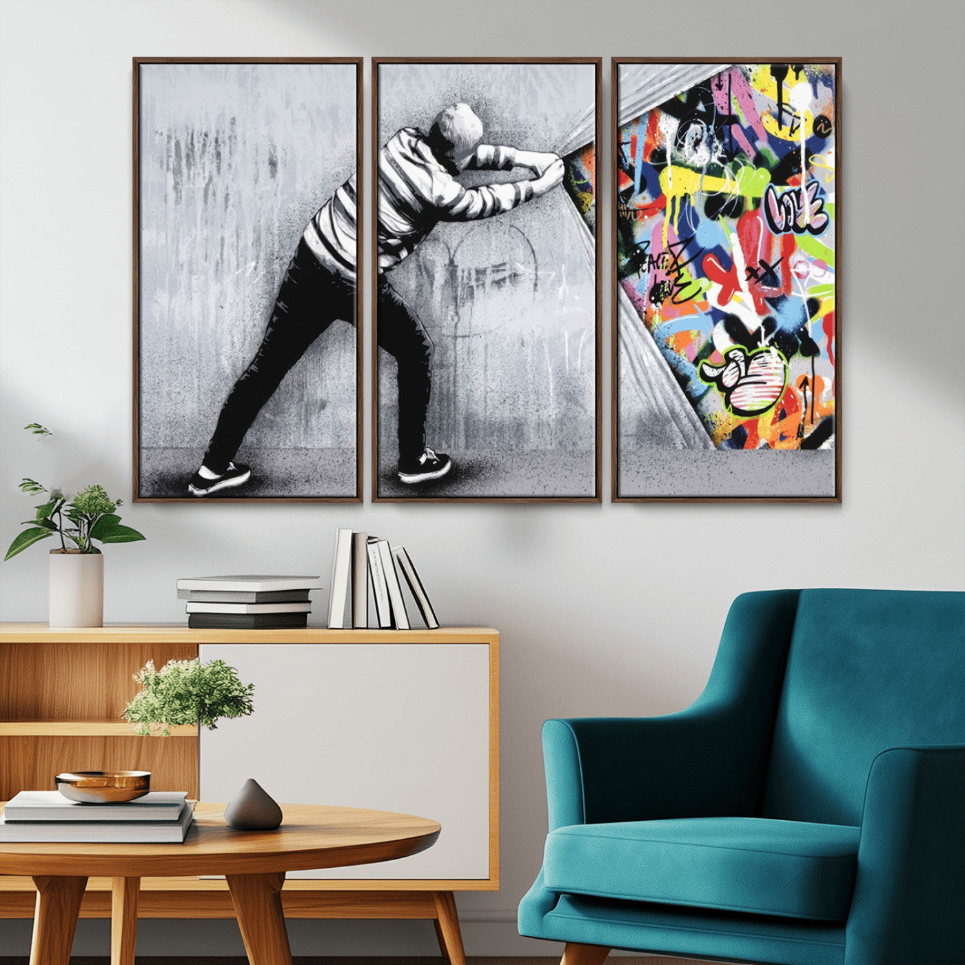 MGV-FC-48X32-3P - Banksy Art Behind the Curtain Street Wall Art Canvas Print | 3-Panel Urban Graffiti-Inspired Wall Art for Living Room or Office