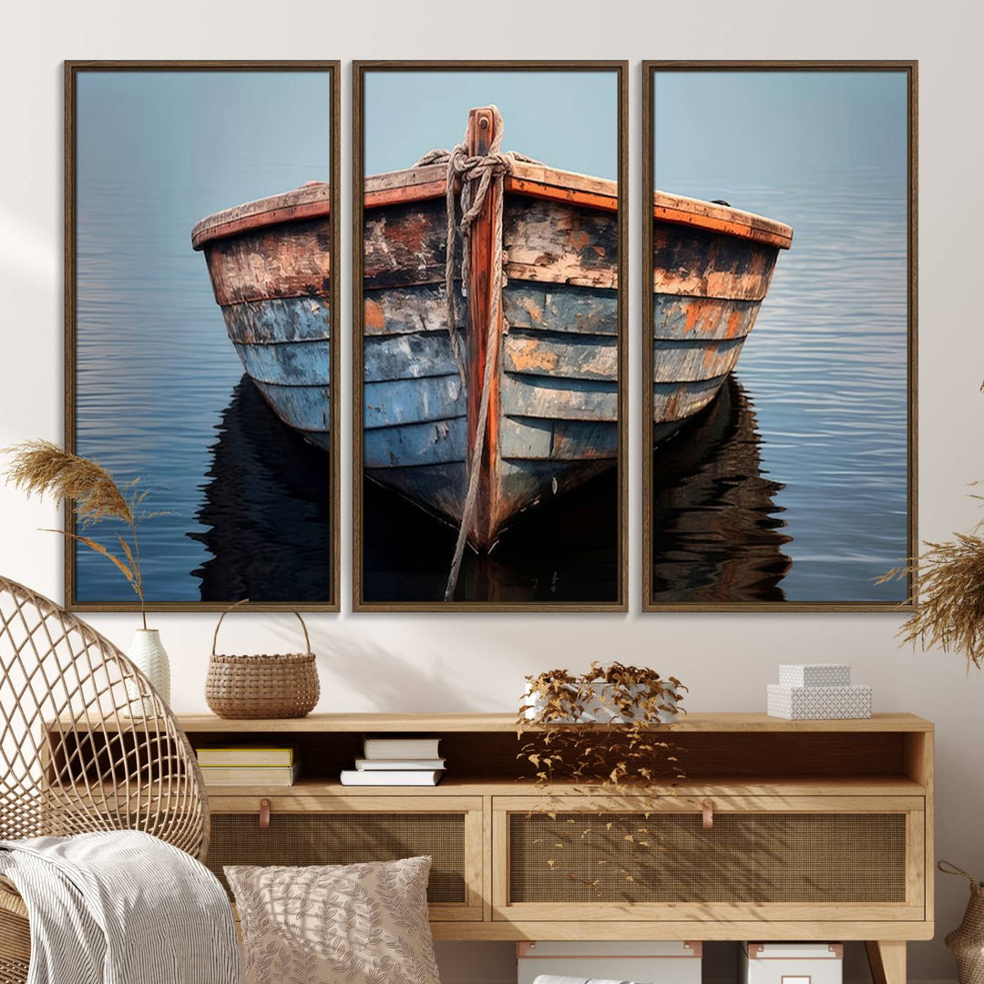 Stunning vintage boat canvas print featuring a calm water scene.