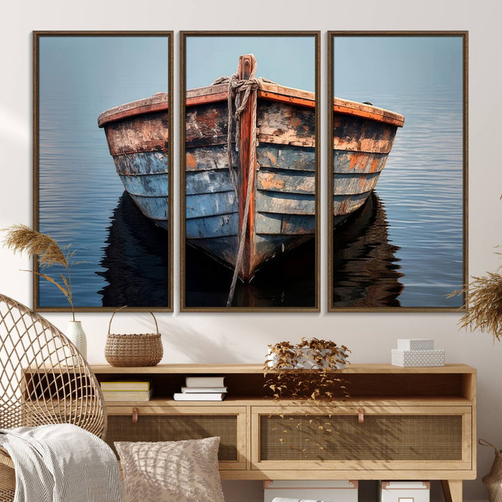 Stunning vintage boat canvas print featuring a calm water scene.