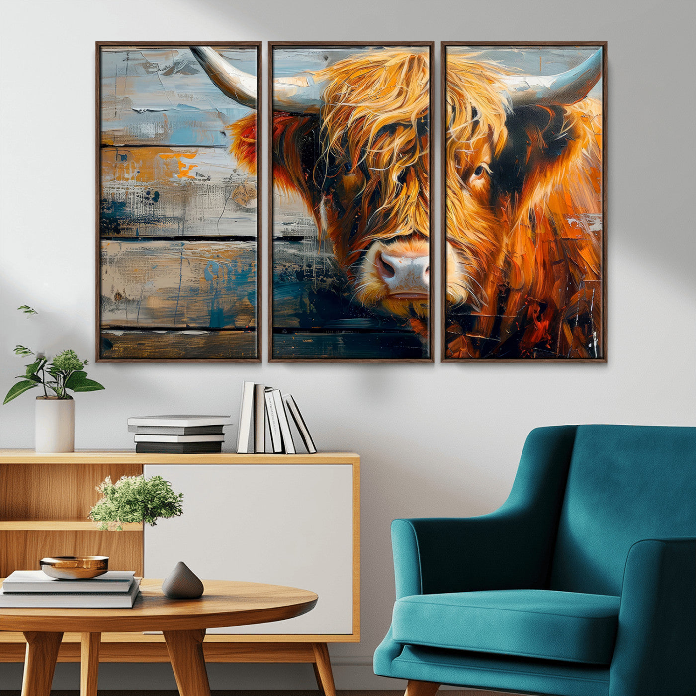 -Highland Cow Abstract Canvas Wall Art – Bold Farmhouse Rustic Decor – Ready to Hang