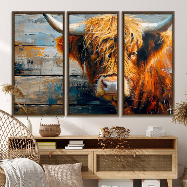 The dining room features Highland Cow Abstract Canvas Wall Art in a farmhouse rustic decor style.