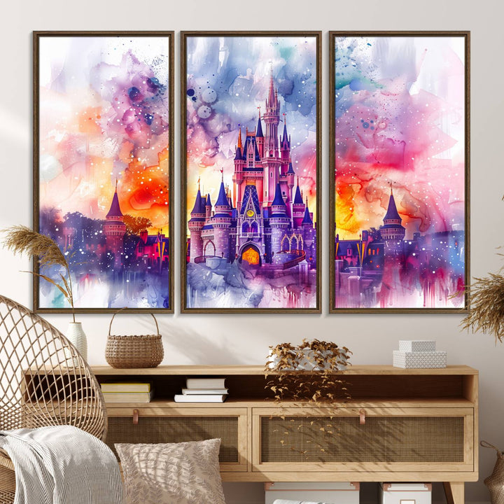 The watercolor Disney Wall Art showcases Cinderellas Castle in pink, purple, and orange hues.