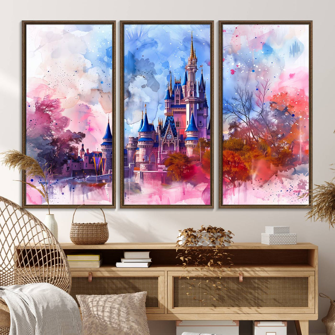 A Disney Wall Art: Dreamy Watercolor Cinderella Castle Canvas Print hangs prominently.