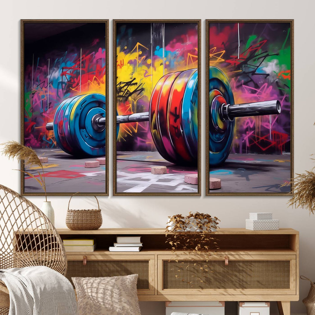 The Abstract Graffiti Barbell Canvas Wall Art is displayed on a porch.