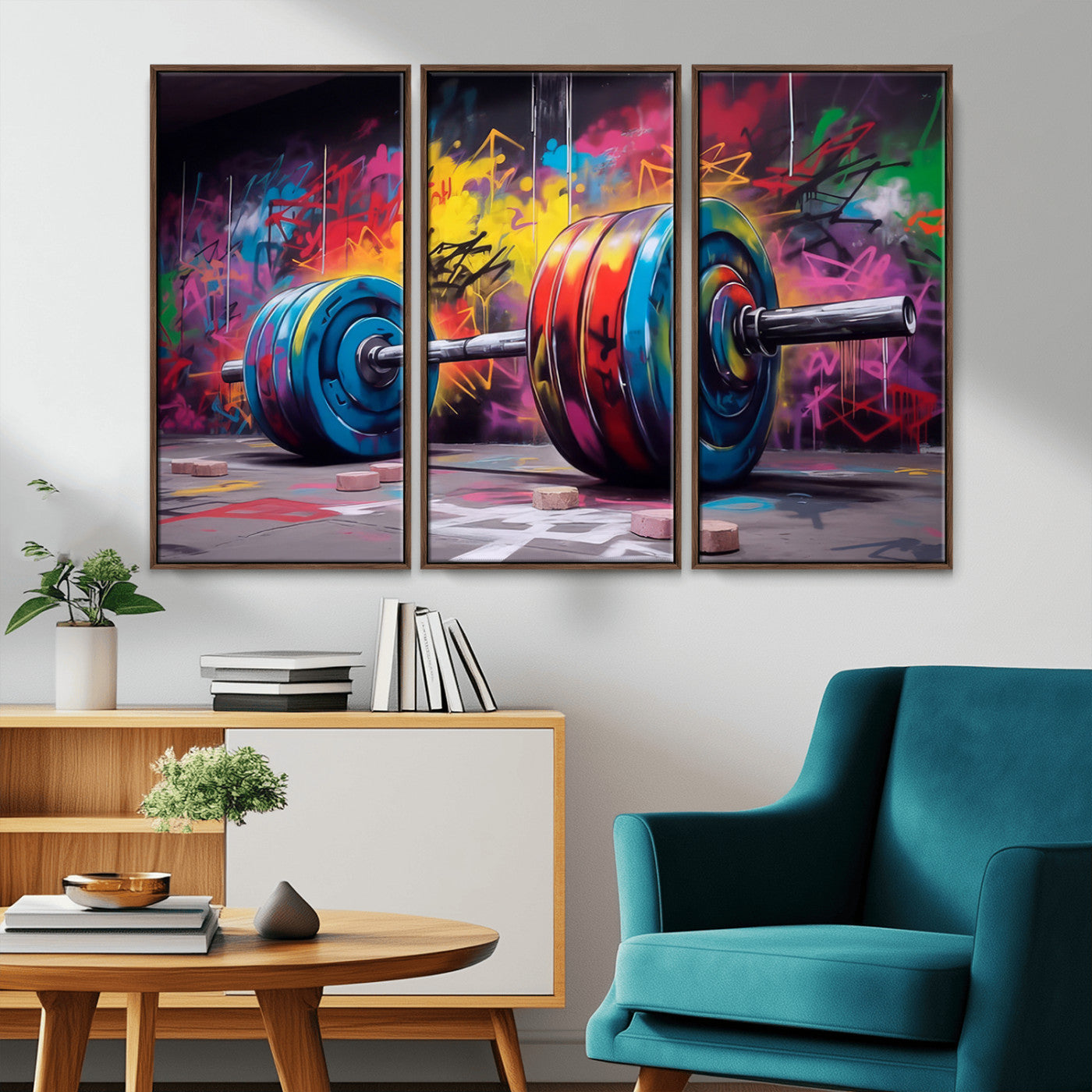 MGV-FC-48X32-3P - Abstract Graffiti Barbell Canvas Wall Art – Urban Fitness Meets Bold Street Art Print - Gym Wall Art Print