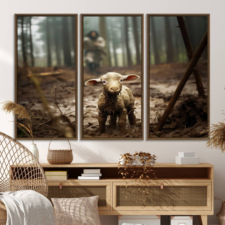 The Jesus Lost Lamb Canvas Wall Art features a heartwarming woodland scene, beautifully capturing the essence of serenity and grace.