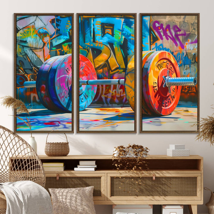 A Fitness Gym Barbell Graffiti Wall Art Canvas Print is displayed.