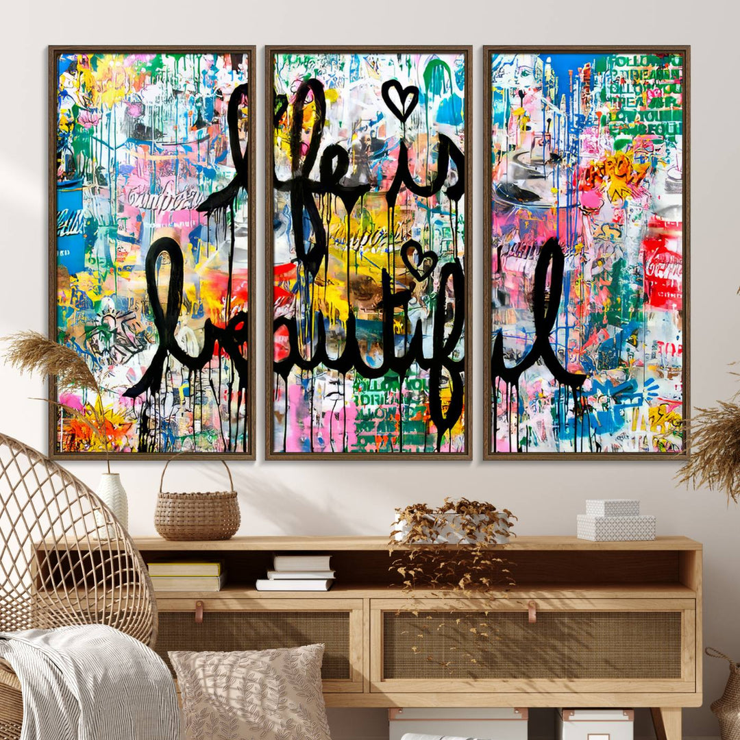 The Life Beautiful graffiti style canvas print is showcased in black script.