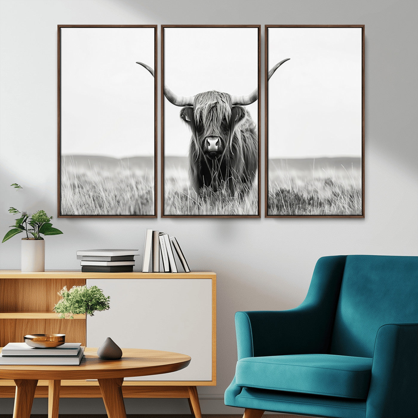 MGV-FC-48X32-3P - Highland Cow Canvas Wall Art – Majestic Beauty in Black and White – Ready to Hang