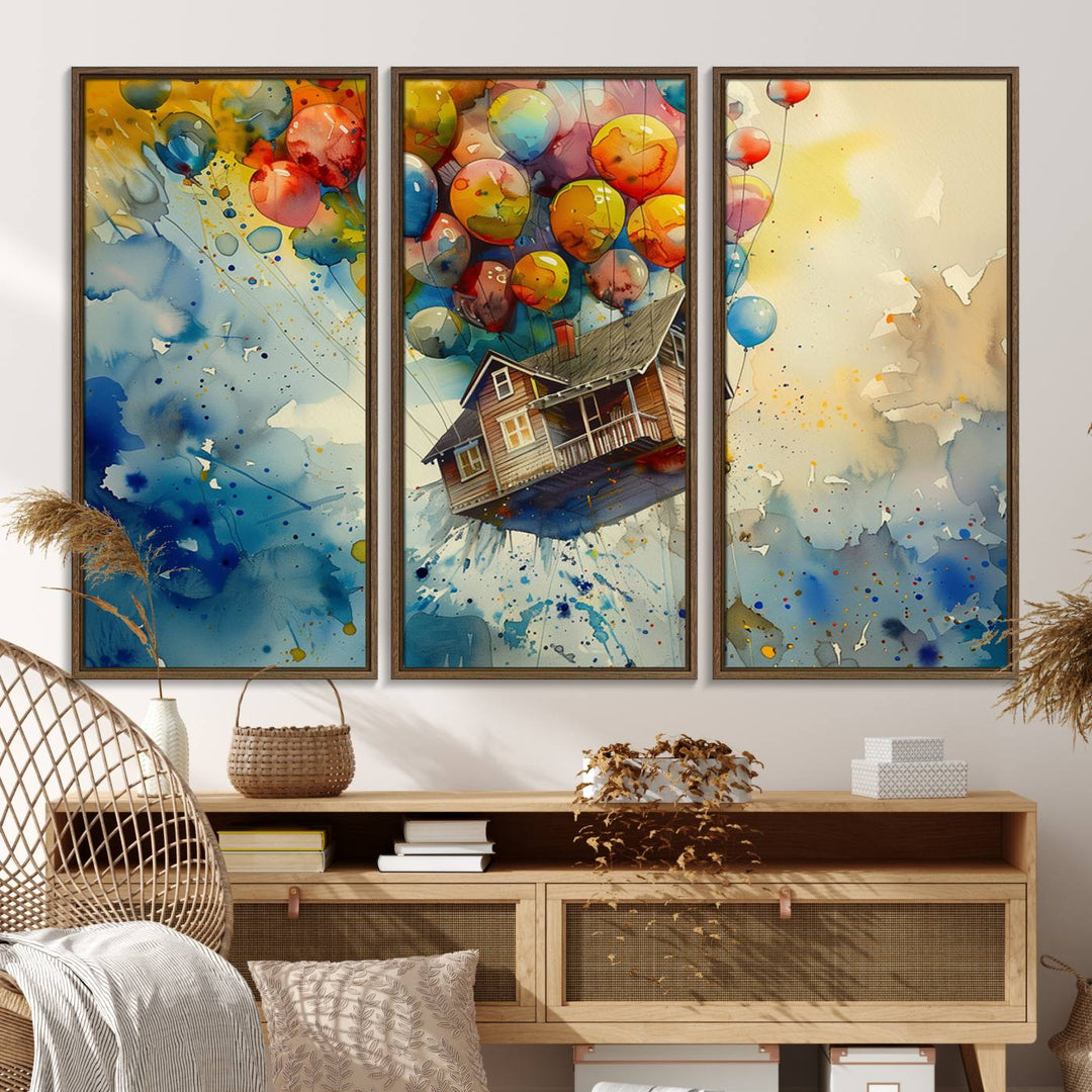 The UP-Inspired triptych canvas art adds whimsy with its colorful floating house and balloons.