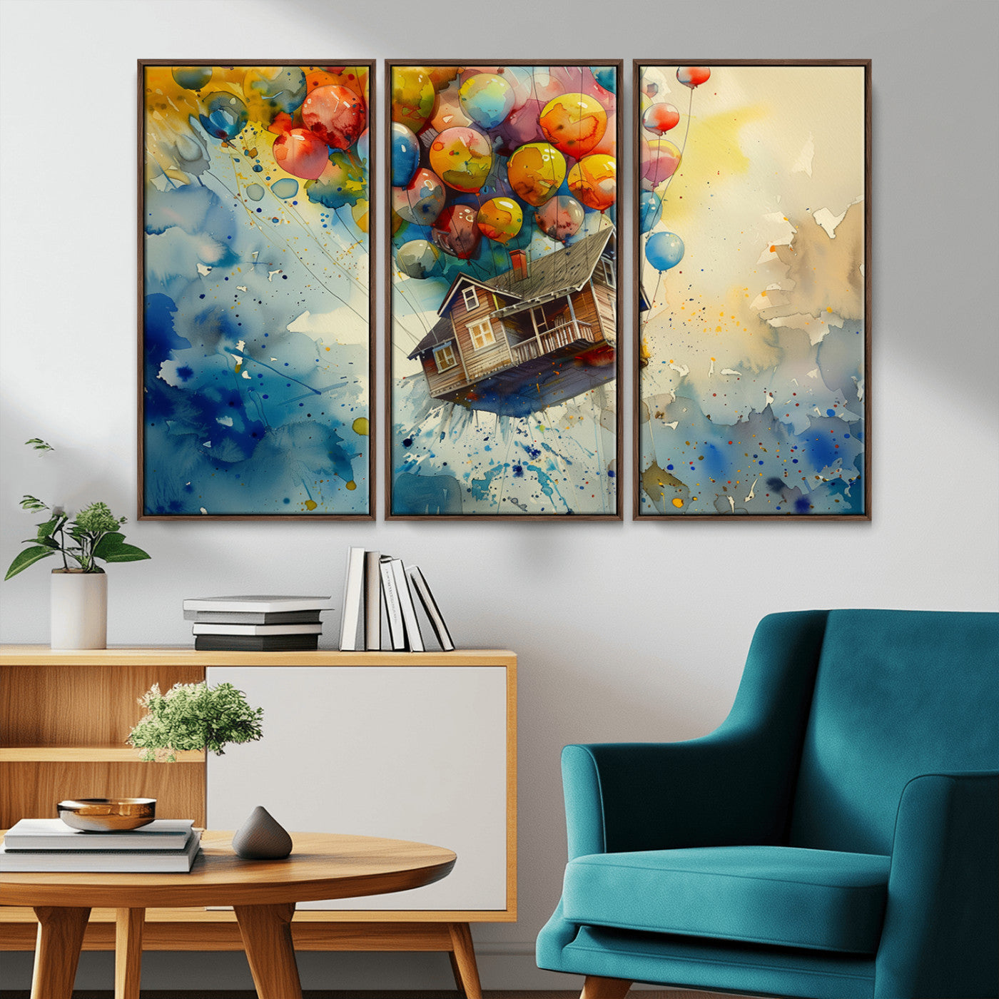 MGV-FC-48X32-3P - UP-Inspired Floating House with Balloons Canvas Art – Colorful 3-Panel Wall Decor for Living Room,