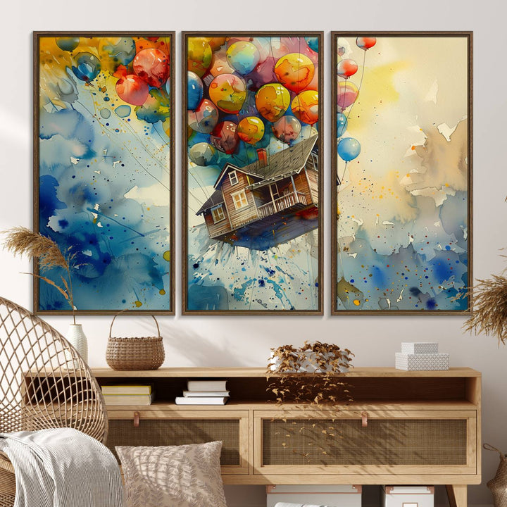 The UP-Inspired triptych canvas art adds whimsy with its colorful floating house and balloons.