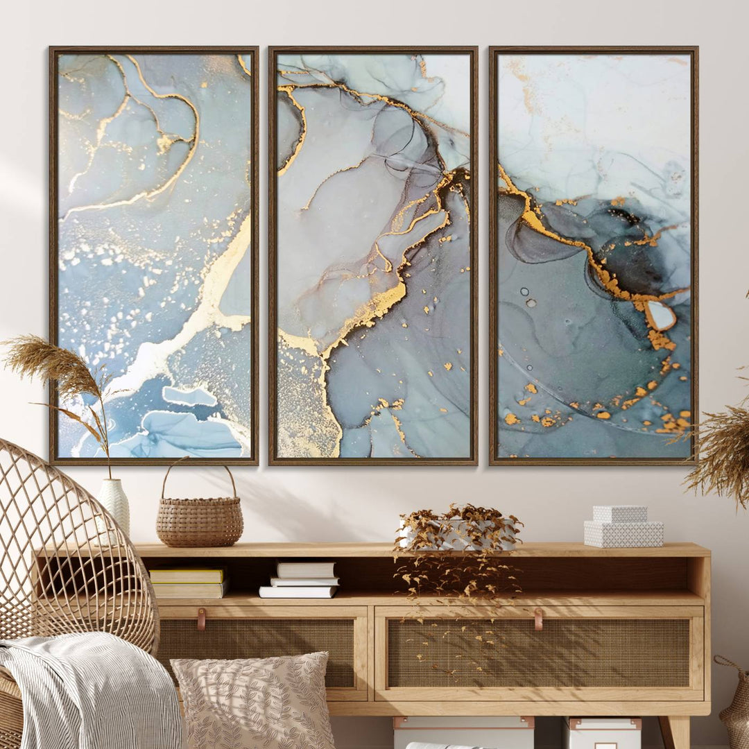 A blue and gold marbled Large Abstract Marble Wall Art Canvas Print hangs overhead.