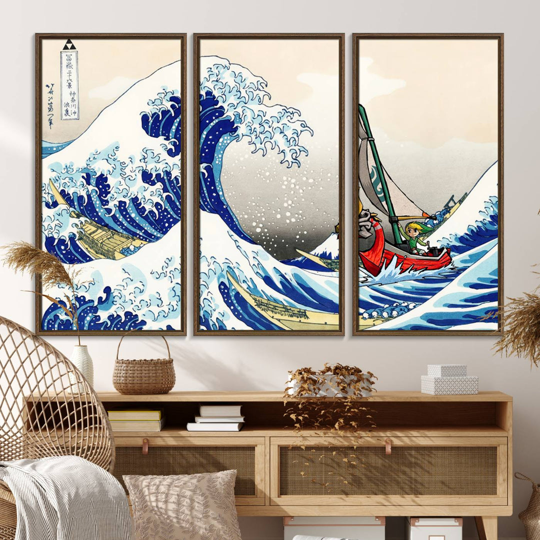 The Katsushika Hokusai Kanagawa Giant Wave Canvas print captures a vibrant sailing scene.