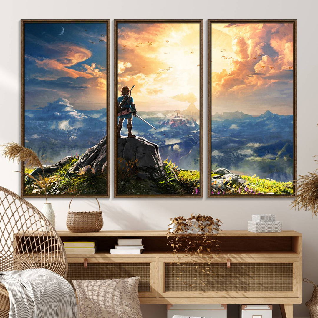 A vibrant Legend of Zelda Breath of the Wild canvas print depicts a figure standing on a rock with mountains and sky in the background.