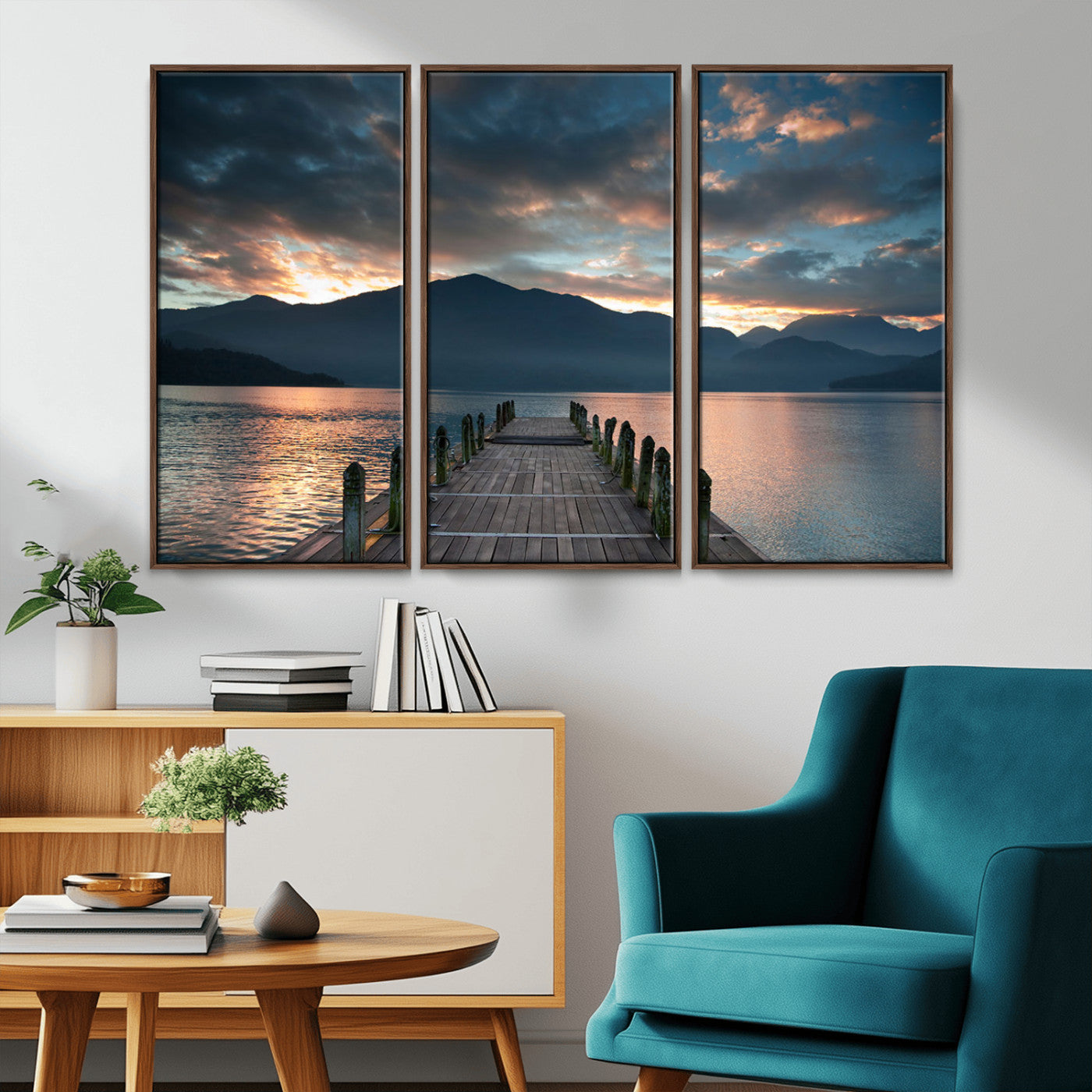 MGV-FC-48X32-3P - Mountain Lake Wood Pier Canvas Wall Art Nature Lake Print