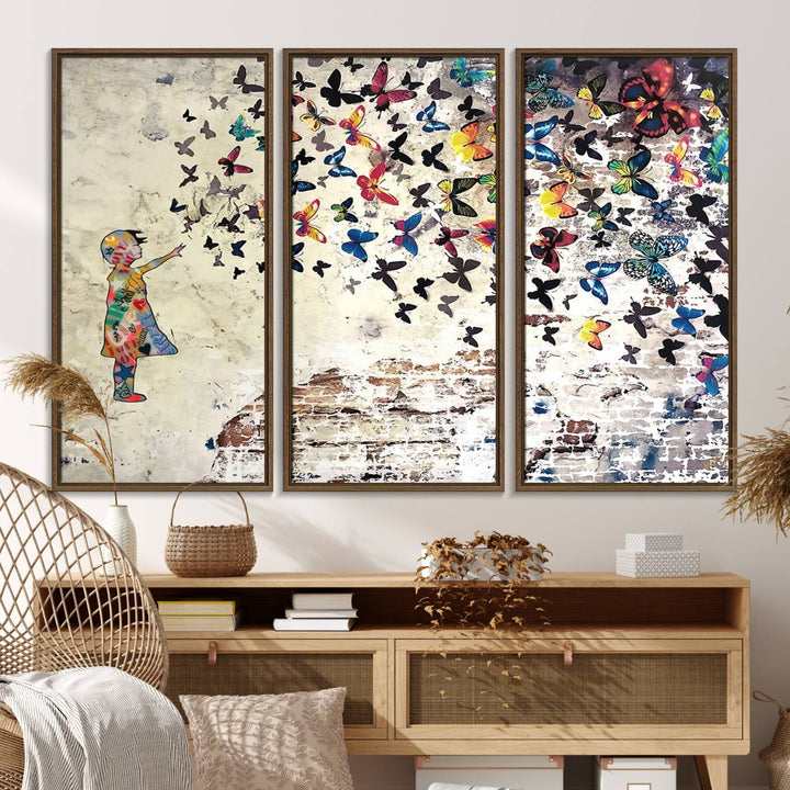 A Banksy Girl Butterfly Canvas Print is displayed on the textured wall.