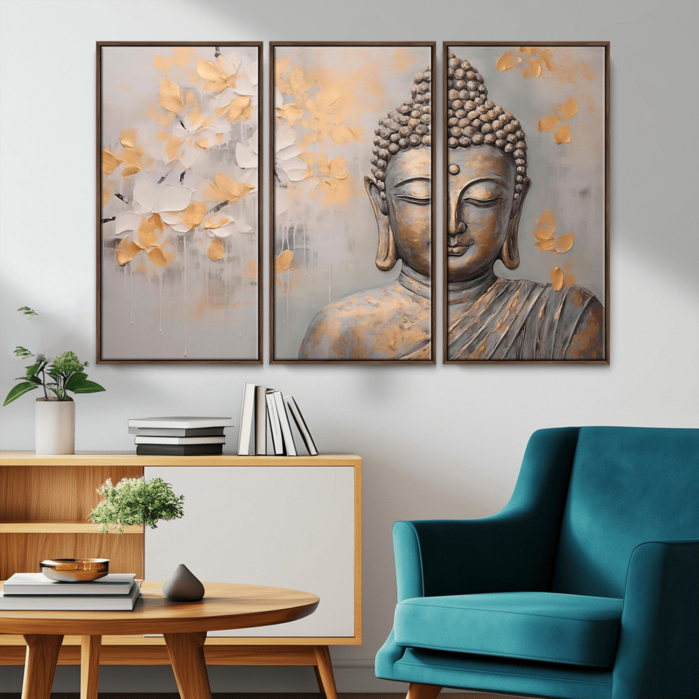 MGV-FC-48X32-3P - Abstract Buddha Statue Wall Art Canvas Print - Modern Meditation Decor for Living Room, Office, Yoga Studio Decor
