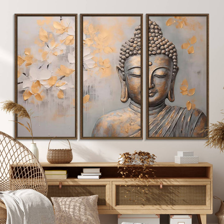 The serene dining room features Abstract Buddha Statue Wall Art.