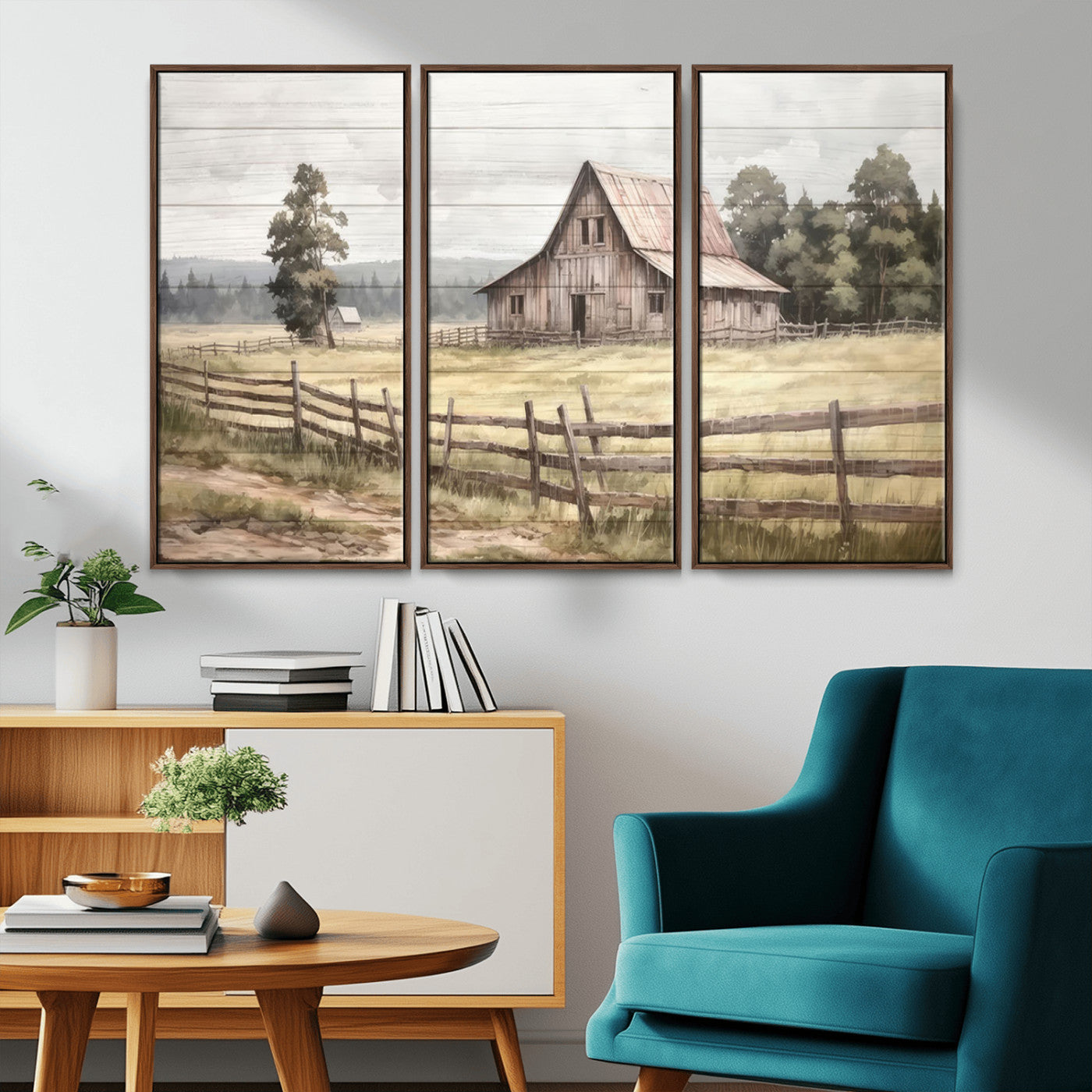 MGV-FC-48X32-3P - Rustic Farmhouse Barn Wall Art | 3-Panel Framed Gallery Wrap Giclee Canvas Print for Living Room, Farmhouse, or Office | Country Landscape Wall Art