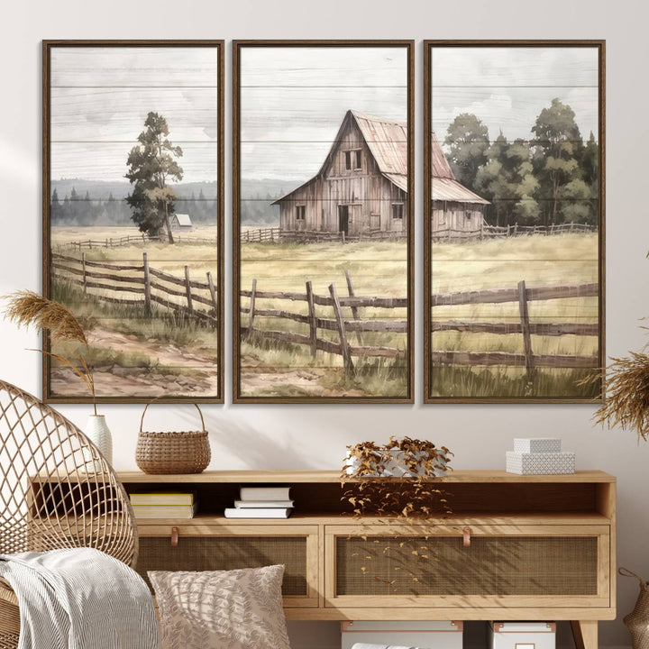 The wall is adorned with a Rustic Farmhouse Barn Wall Art.