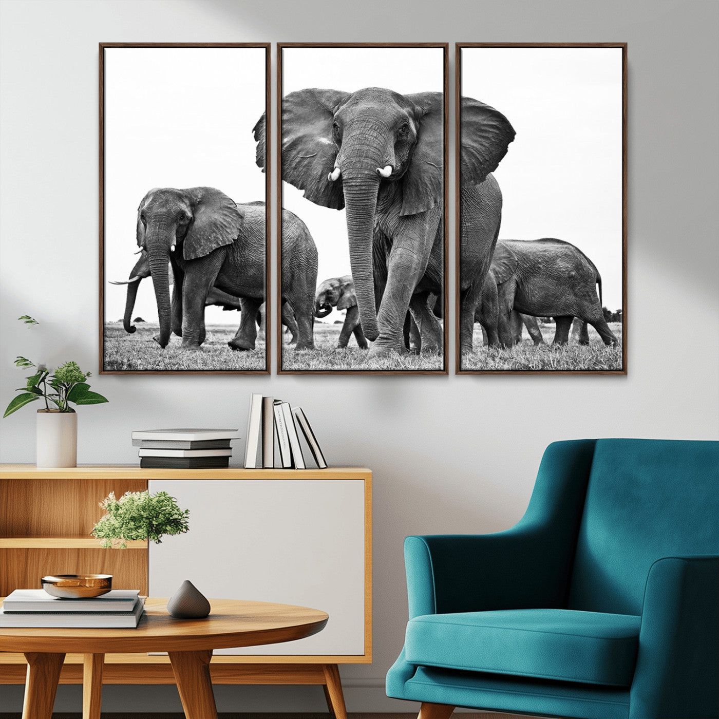 MGV-FC-48X32-3P - Black White Elephant Family Wall Art Canvas Print